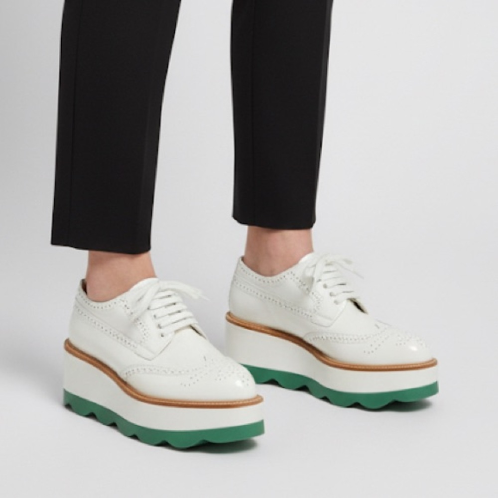 PRADA Prada White And Green Brogue Leather Wave Oxford Espadrille Platform